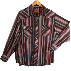 Rustler X Long Tails Shirt Mens 2XL Pearl‎ Snap Red Black Gray Stripe Western